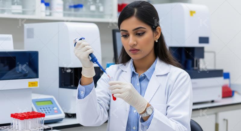 Young scientist in a lab coat carefully uses a pipette for testi