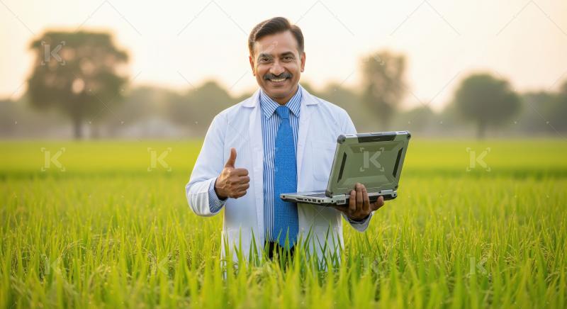 Agricultural expert with a laptop stands confidently in a lush g