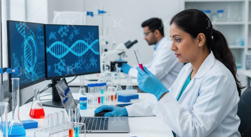 Indian female students in lab coats and gloves work together to