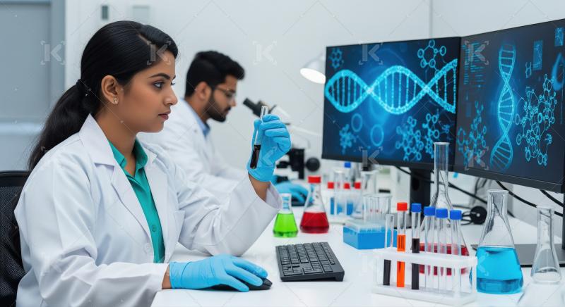 Indian female students in lab coats and gloves work together to