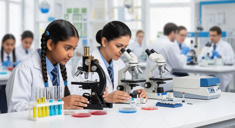 Indian female students in lab coats and gloves work together to