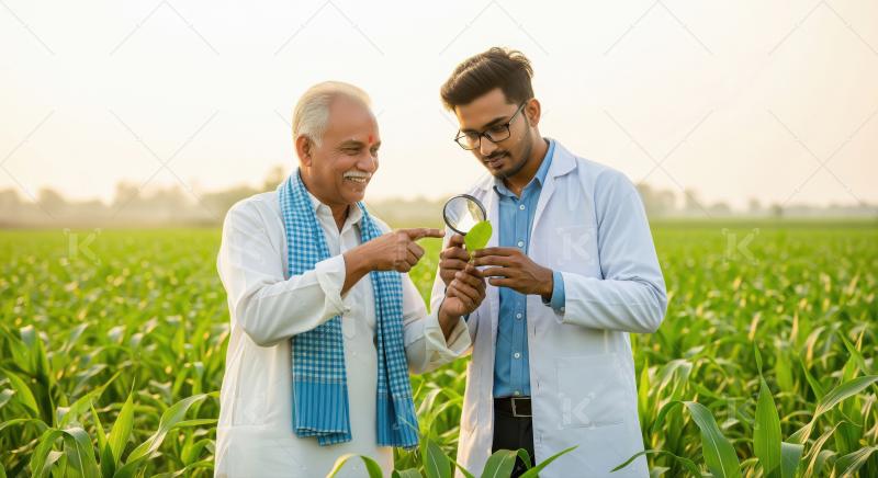 Elderly Indian farmer and a young agronomist in a white coat exa