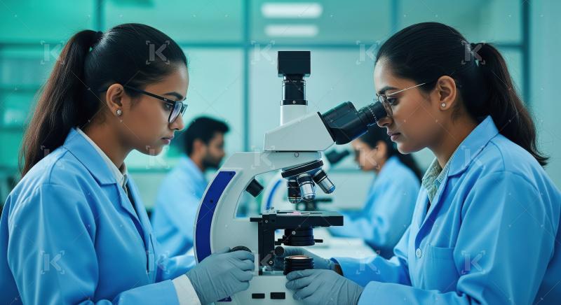 Indian female students in lab coats and gloves work together to