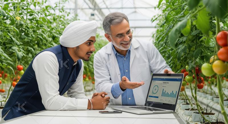 Agricultural expert consults with a young farmer in a greenhouse