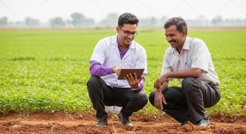 Two young Indian men analyze soil samples and data using scienti