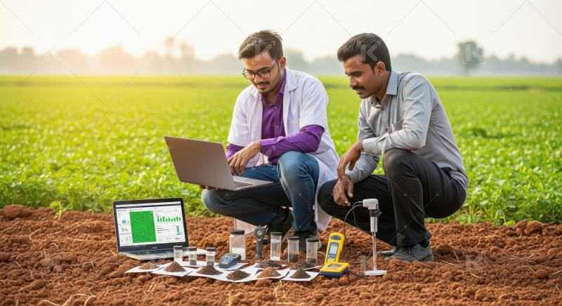 Two young Indian men analyze soil samples and data using scienti