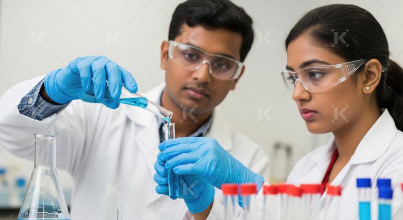 Two focused scientists in lab coats and gloves conduct a precise