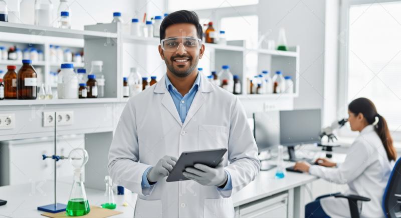 Male scientist in gloves stands in a modern laboratory holding a
