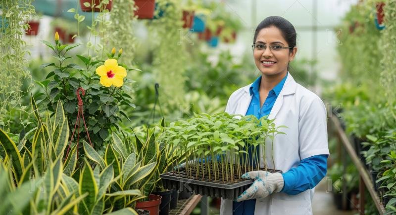 Indian female horticulturalist in a lab coat holds a tray of hea