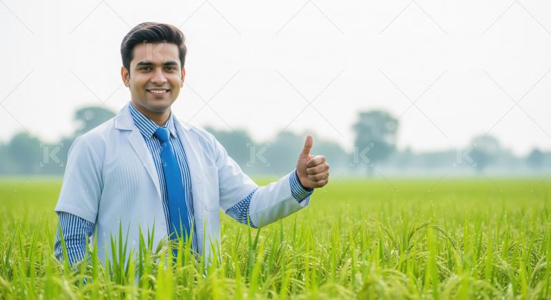 Agricultural expert with a laptop stands confidently in a lush g