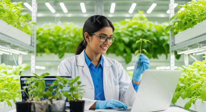 Indian female horticulturalist in a lab coat holds a tray of hea
