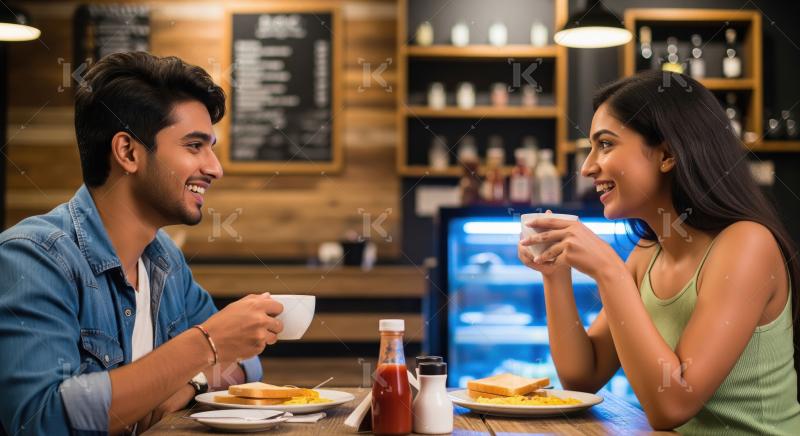 A young couple enjoys a warm conversation over coffee and breakf