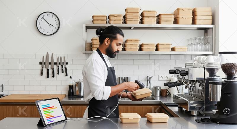 A chef in an apron efficiently scans packed food orders in a wel