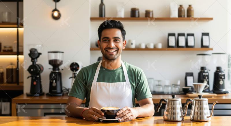 A friendly young barista with a welcoming smile sits at a modern
