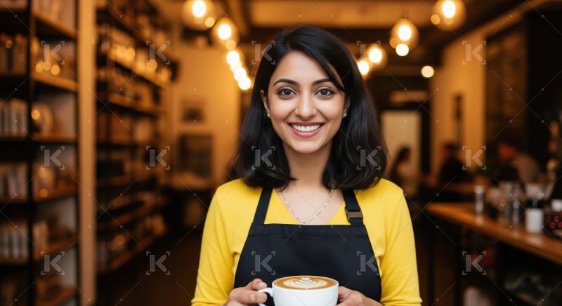 A vibrant and welcoming young woman barista in a yellow top and