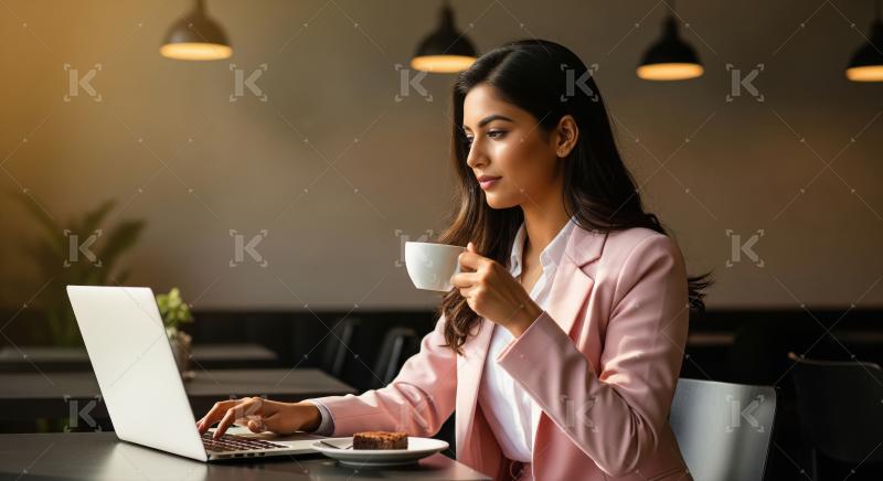 A stylish professional woman in a pink blazer enjoys coffee and