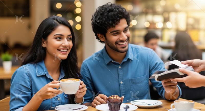 A young couple enjoys coffee and a muffin at a trendy cafe, shar