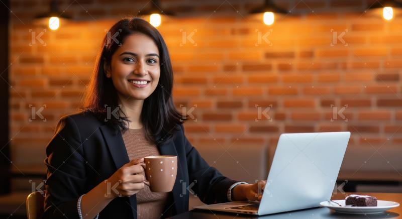 A stylish young businesswoman sits at a modern cafe with a warm