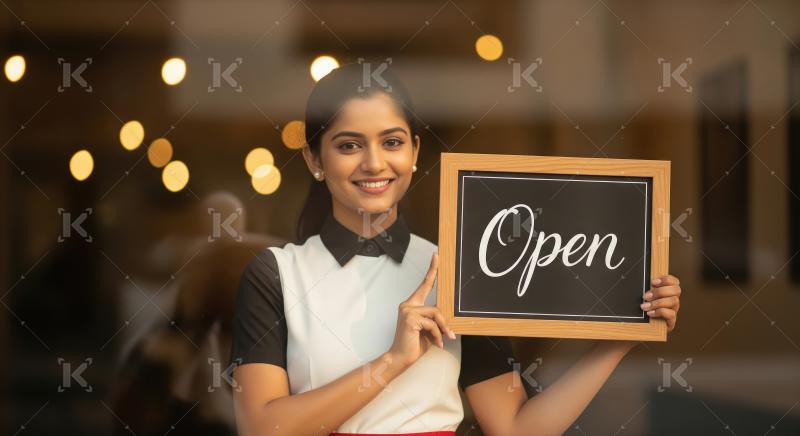 Young hostess in a cafe or restaurant stands at the entrance, ho