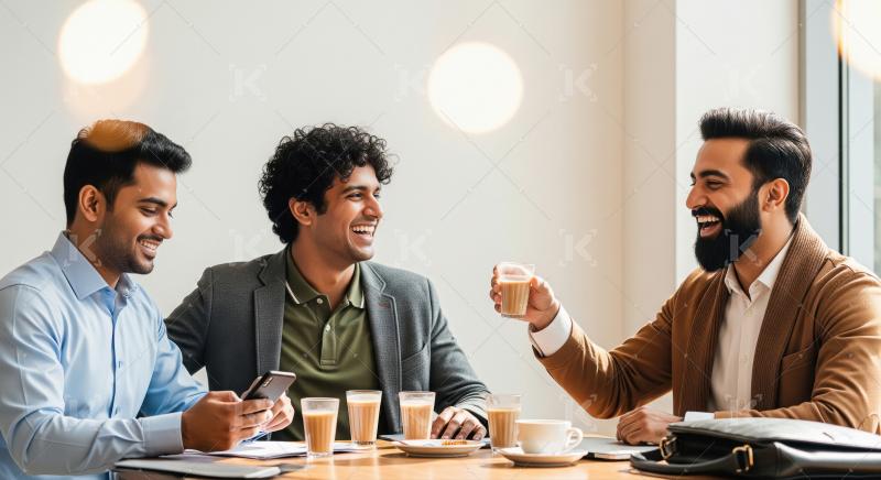 Three young Indian men sit together at a cafe table, enjoying co