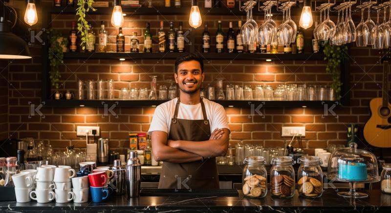 A sophisticated cafe and bar interior features a barista in an a