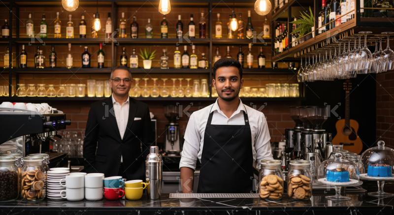 A sophisticated cafe and bar interior features a barista in an a