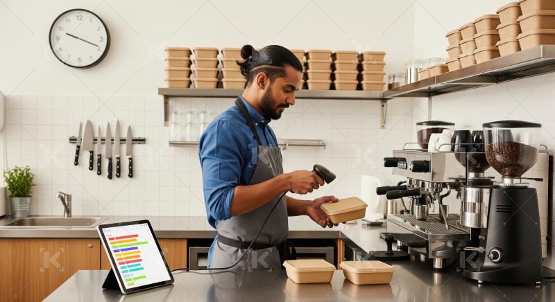 A chef in an apron efficiently scans packed food orders in a wel