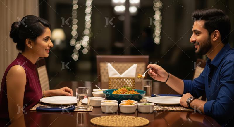 Happy indian couple enjoying dinner in the restaurant