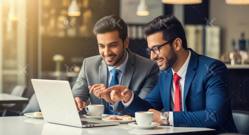 Two businessmen discussing while looking in the laptop in the re