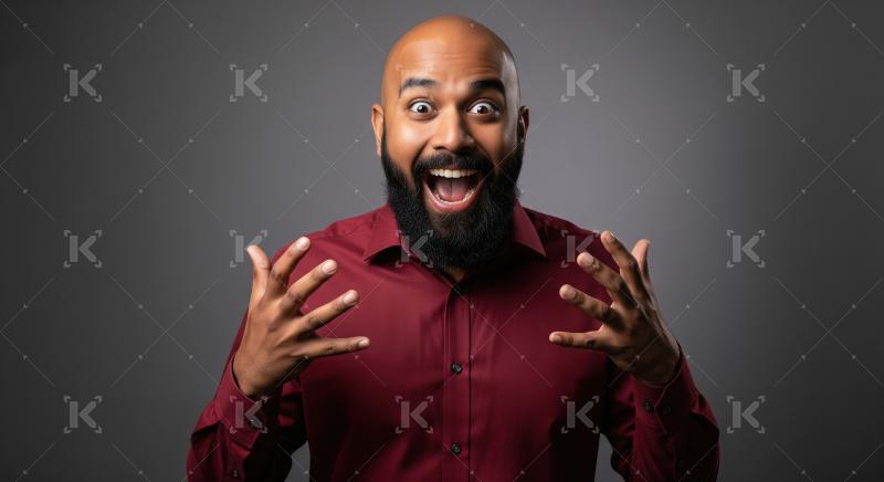 Happy indian bald businessman excited and giving unbelievable ex