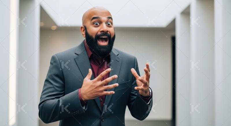 Happy indian bald businessman excited and giving unbelievable ex