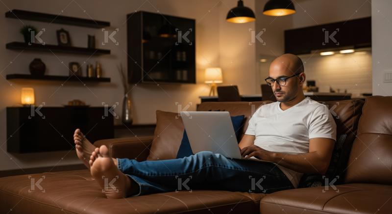 A man sits comfortably on a brown sofa at home, working on a lap
