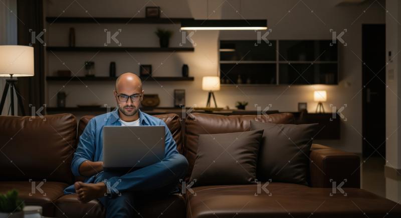 A man sits comfortably on a brown sofa at home, working on a lap