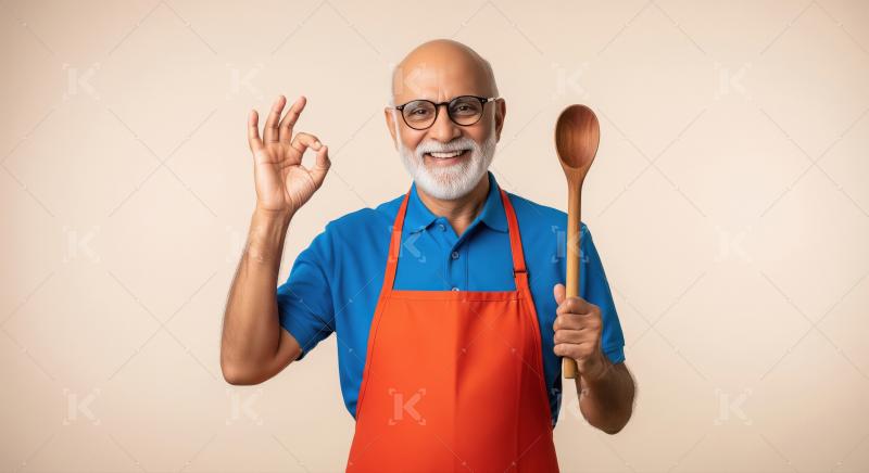 An Indian chef wearing an orange apron stands confidently in a m