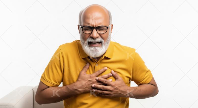 Indian man in a yellow shirt sits clutching his chest in distres