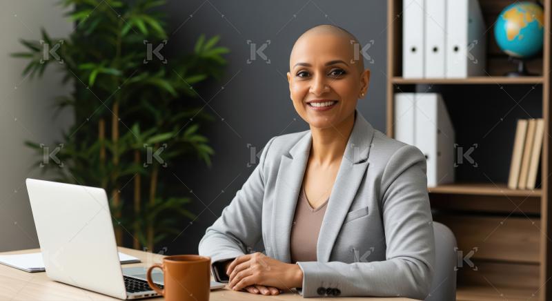 A confident Indian businesswoman in a navy suit sits at her desk