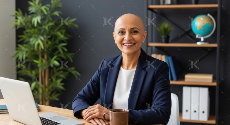 A confident Indian businesswoman in a navy suit sits at her desk