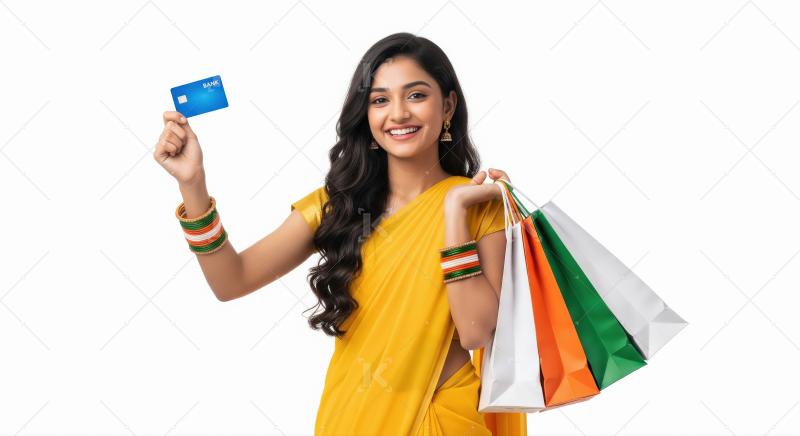 A joyful young Indian woman smiles while holding colorful shoppi