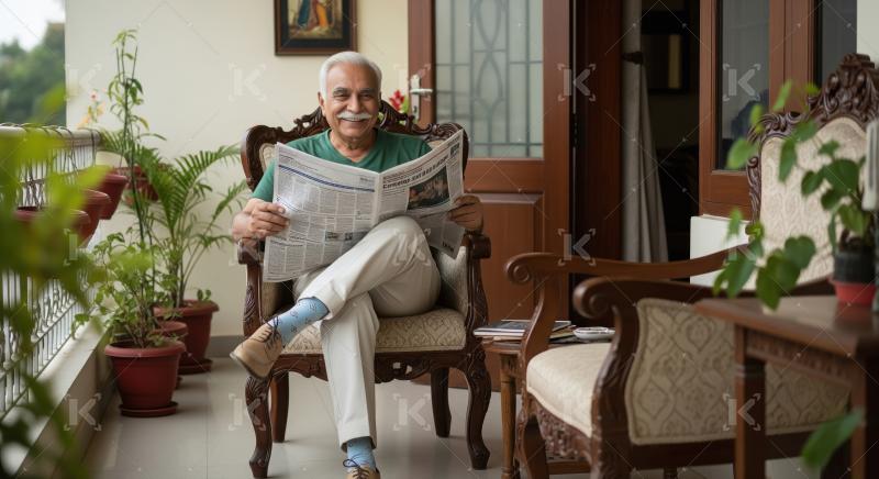Elderly Indian man sits relaxed on a classic wooden armchair in
