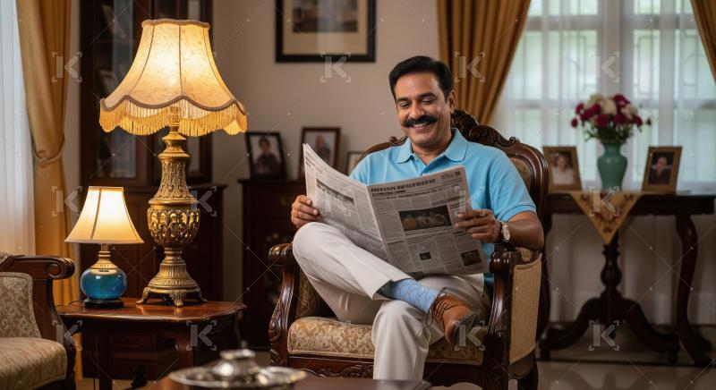 Elderly Indian man sits relaxed on a classic wooden armchair in