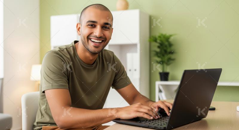 Young Indian man in a casual olive t-shirt types on his laptop a
