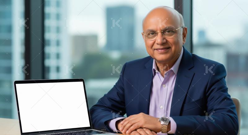 A professional businessman in a navy suit sits confidently at a