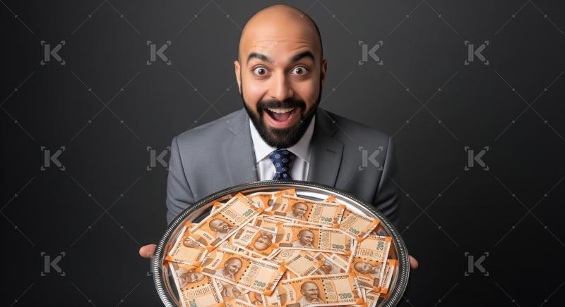 A businessman in a suit presents a large tray filled with bundle