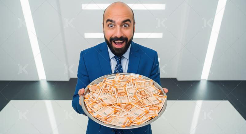 A businessman in a suit presents a large tray filled with bundle