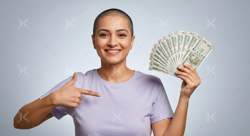 A confident Indian woman in a light purple shirt holds and proud