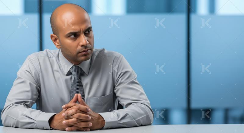 A professional businessman in a navy suit sits confidently at a