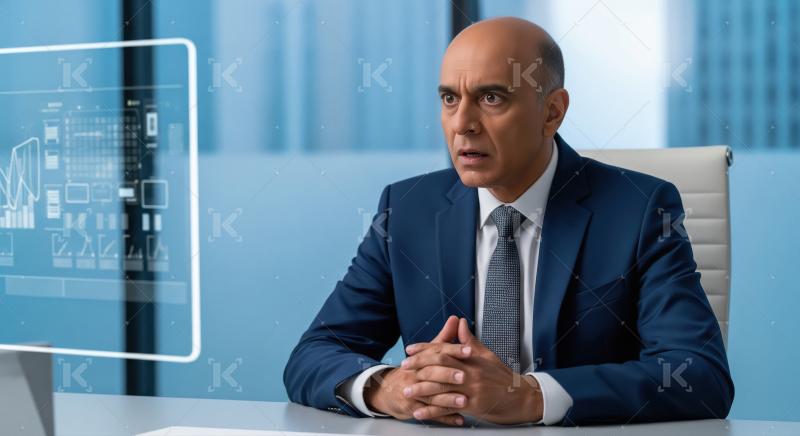 A professional businessman in a navy suit sits confidently at a