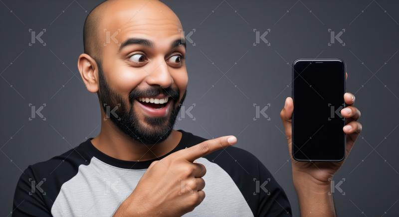 A man in a blue t-shirt points at a blank smartphone screen, emp