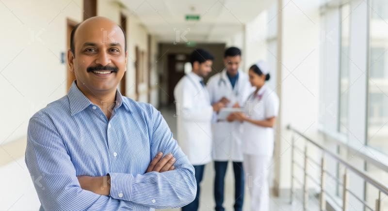 A confident Indian doctor stands with crossed arms in a hospital