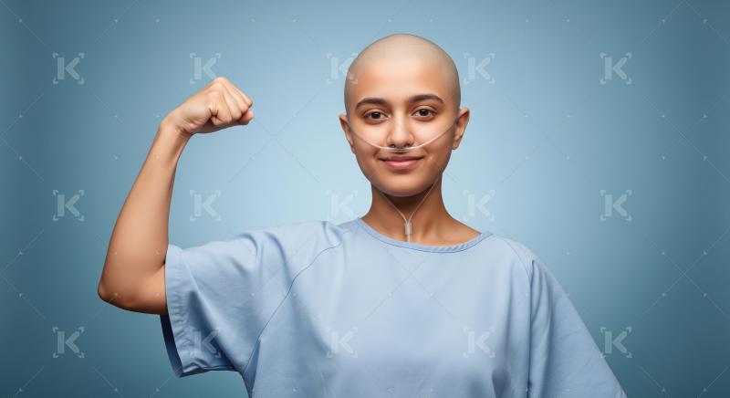 A courageous female cancer patient in a blue hospital gown flexe